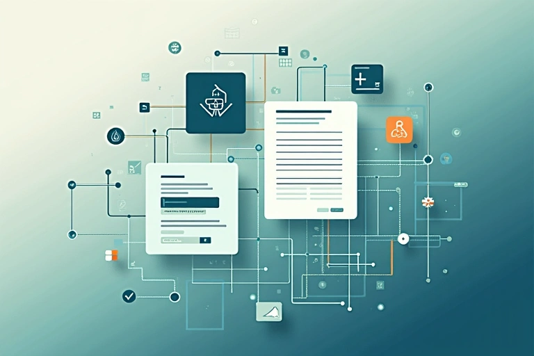 Abstract representation of legal documents and data flow, symbolizing compliance and legal basis for data processing.