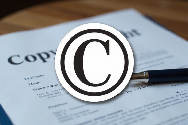 Εικονίδιο πνευματικών δικαιωμάτων με νομικά έγγραφα στο παρασκήνιο